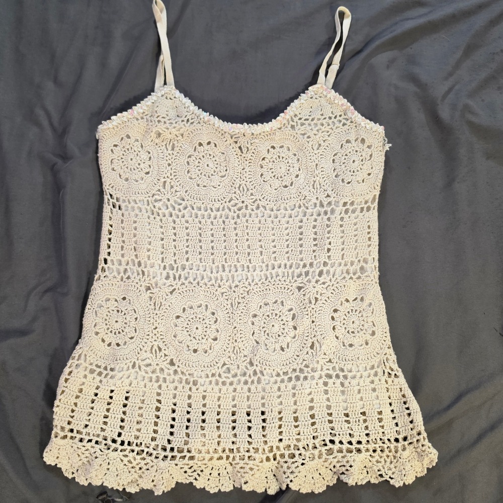 INC International Concepts Silk Cotton Crochet Sequin Camisole Top Cream Medium